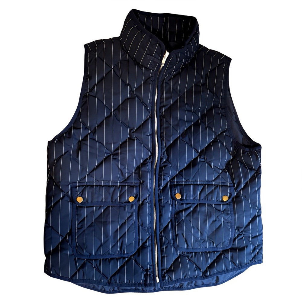 J. Crew Excursion Quilted Puffer Vest Navy Blue Pin Stripe Down size XL - Picture 2 of 9